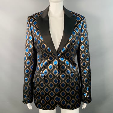 ETRO Size 8 Black Blue Metallic Geometric Peak Lapel Jacket Blazer