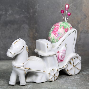 Vintage Ceramic Horse & Carriage Upcycled Pin Cushion | Vintage Ceramic Miniature Pin Cushion | Handmade  | FREE SHIPPING 