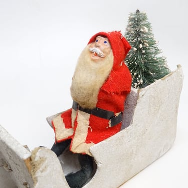 Antique 1940's Santa in German Sleigh with Sisal Christmas Tree, Hand Painted Clay Face Santa, Vintage Retro Decor 