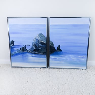 Ocean Seascape Oil Painting on Canvas, Vintage Ocean Decore, 1989 Two-Piece Signed Vintage Panel Wall Art 