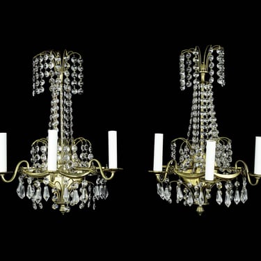 Pair of Waldorf Astoria 3 Arm Brass & Crystal French Wall Sconces