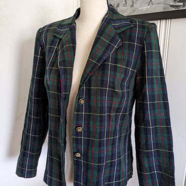 Vintage Green Navy Plaid Blazer Top with Royal Buttons 