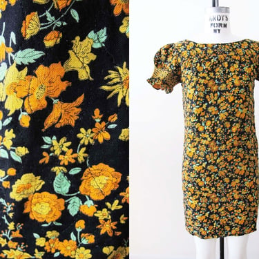 Vintage 60s Floral Babydoll Mini Dress XS  - 1960s Black Orange Yellow Puff Sleeve Shift Sundress - Twiggy Mod Style 