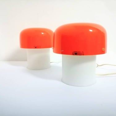 Pair of Mid Century Mushroom Bedside Lamps /Vintage Orange Table Lamps / Model Fungo design Luigi Massoni / Meblo Guzzini/ Night Lights/70's 