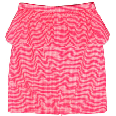 Lilly Putlizer - Neon Pink Gingham Cotton Midi Skirt w/ Peplum Sz 12