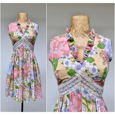 Vintage 1970s Boho Floral Mini Dress, 70s Sleeveless Voile and Lace Empire Sun Dress with Ruffled Collar by Act 1, Extra Small 32