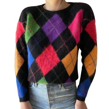 Vintage 1980s Womens Preppy Rainbow Angora Ultra Soft Argyle Sweater Sz M 