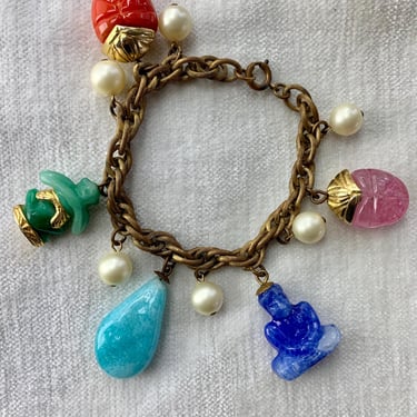 Vintage Charm Bracelet - Brass Chain - Colorful Glass Charms & Pearls - 7-1/2 inches Long 