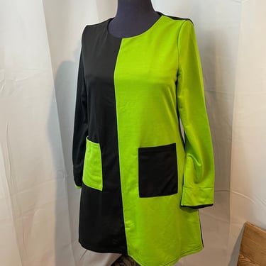 1990s Vintage Colorblock Mini Dress Black Neon Green A Line Mod 60s style POCKETS M 