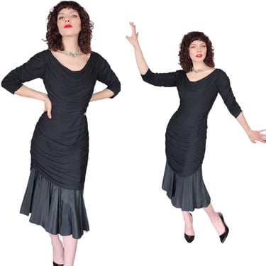 Vintage 50s Fishtail Dress Black Rayon Medium 