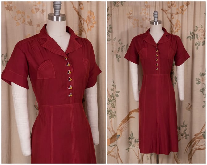1930s Dress - Sporty Vintage Late 30s Hand Dyed Summer Dress with Added Bumblebee Buttons 