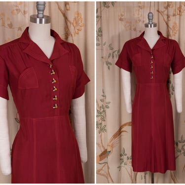 1930s Dress - Sporty Vintage Late 30s Hand Dyed Summer Dress with Added Bumblebee Buttons 