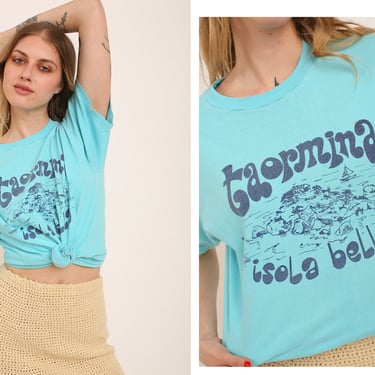 Vintage 1980s 80s Bright Aqua Blue Taormina Italian Landscape Graphic T-shirt 
