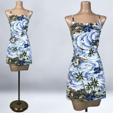 VINTAGE 90s Hawaiian Print Mini Dress by Aqua Blues Sz 11 | 1990s Surf Scene Beach Cotton Sundress | VFG 