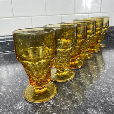 Vintage Anchor Hocking Georgian Stemmed Iced Tea Glass Set of 6, Yellow Topaz Amber Color, Honeycomb Cocktail Glass, 12oz Yellow Barware 