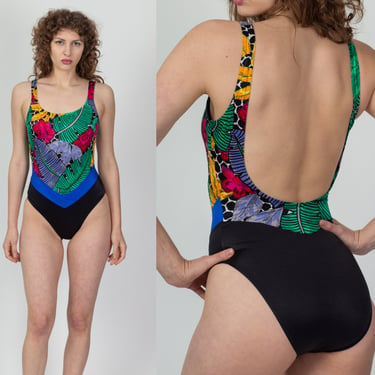80s Tropical Floral Low Back Swimsuit - Small | Vintage Sandy Cove One Piece Bathing Suit 