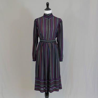 80s Striped Blouse and Skirt Set - Sheer Black w/ Colorful Stripes - Campus Casuals - Vintage 1980s - S 