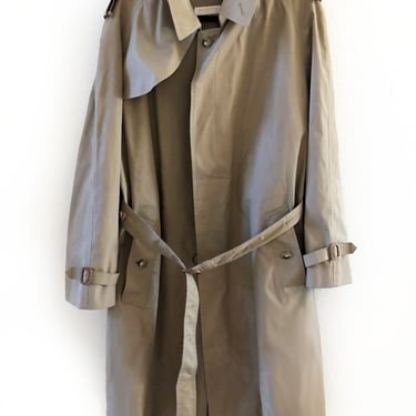 BROOKS BROS Vintage Trench Coat, Over Coat, Long Rain Coat, Tan, Beige, Belted Leather Buckles, 42R, Brothers, Size Large, 46" Chest 