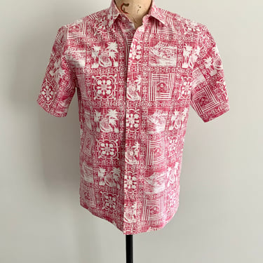 Reyn Spooner reverse red and white patchwork print of Hawaiian scenes and motifs. Size S 
