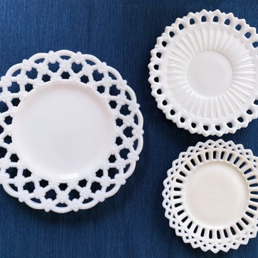 3 Vintage milk glass plates, Lace edge white glass plates, Mismatched Cottage chic coasters, trinket dishes, French country Decor 