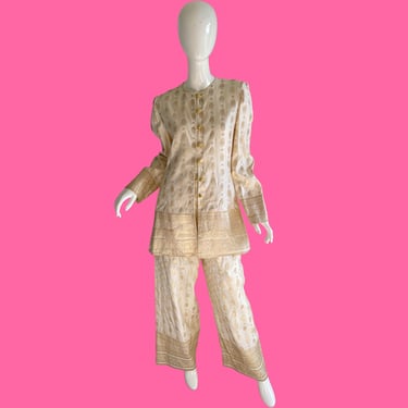 Mary McFadden Couture Pant Set / Vintage Wedding Silk Palazzo Pant Set / Gold Metal Embroidererd Brocade Pant Set Medium 