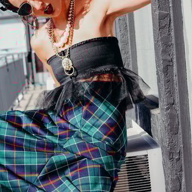 70s Tartan Grunge Plaid Personal Vintage Maxi Skirt; Red, Forest Green, White, and Navy Buffalo Plaid Polyester; Ugly Christmas Skirt 