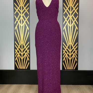 purple glitter gown, Jessica McClintock dress, gunne sax millennium 2000, halter neck dress, plunging, backless, evening gown, medium, 28 