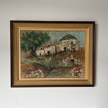 1960's Vintage Adobe House - Countryside Oil Landscape Painting 