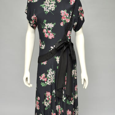 vintage 1940s navy blue floral rayon dress w/ hip sash XS/S 