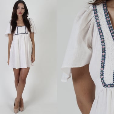 Dirndl Inspired 70s Flutter Sleeve Mini Dress, Vintage High Empire Waist Short Sundress, Embroidered Floral Trim Bib Bodice 