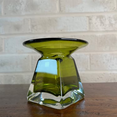 Vintage MCM Green Art Glass Vase with Square Base 