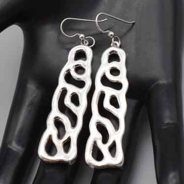 70's Avant Garde hollow sterling dangles, long edgy 925 silver abstract organic earrings 