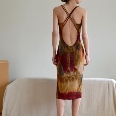 y2k metallic backless slip knit dress in abtract watercolor floral / slinky dress 