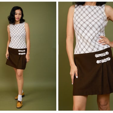 Vintage 1960s 60s Brown Checkered Drop Waist Mod Mini Dress w/ Pleated Skirt, Square Neckline 