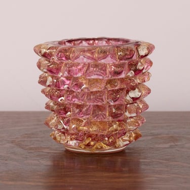 Luxury Gift idea from Italy: small ruby pink and gold Murano glass vase Rostrato, artistic workmanship handmade Made in Italy height 12 cm 