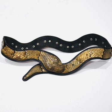 Vintage 80s Python Snake Belt Black leather Brass Gold Metal Snake Belt Adjustable Metal 70s 80s Glam Belt Small Medium 31