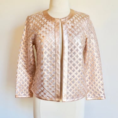 Pink Rose Gold Metallic Leather Cross Hatch Pattern Formal Jacket Evening Cocktail Boxy Fit 2000's Neiman Marcus Size Small 