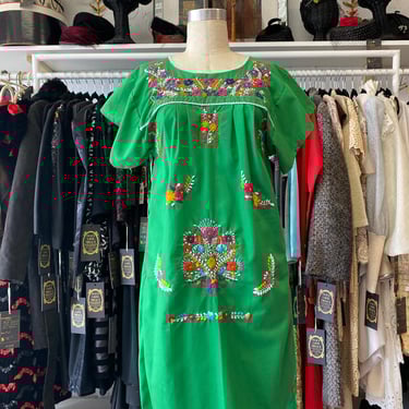Vintage 1980s green cotton embroidered puebla dress mexican tunic ethnic style s 