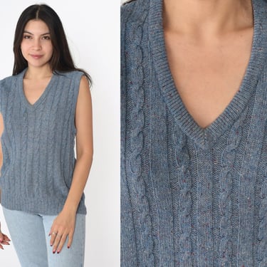 Wool Sweater Vest Top 80s Blue Cable Knit Tank Top Knit Vest Sleeveless V Neck Nerd Knit 1980s Normcore Sleeveless Vintage Small S 