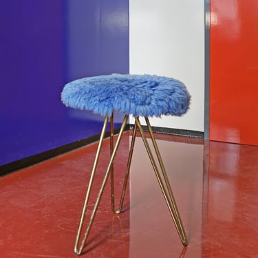 Vintage West German Golden Metallic Tripod Baby Blue Wig Hairpin Stool Fluffy Pouf Retro Studio Loft Curio Atomic Era Quirky Fuzzy Tabouret 