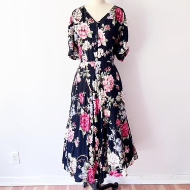 SIZE XL / 1X - Carol Anderson Maxi Dress - Vintage 90s Floral Maxi Dress Long Flowy - Chartreuse Soft Floral Cottagecore Boho Green 