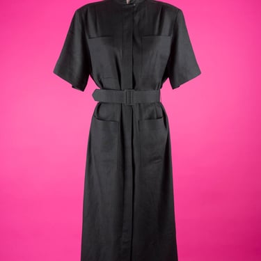 Vintage 80s J. Davis Ltd. Black Linen Button-Down Belted Dress with Standing Collar and Oversized Pockets 