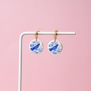 Blue Bird Ceramic Earrings, Hand Painted Porcelain Charms, Blue and White Porcelain, Mini Bird Charms, Elegant Folk Art, Aesthetic Jewelry 