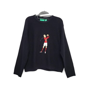 1990s Vintage LIZ CLAIBORNE Embroidered Golf Sweater, Blue Diamond Knit, Woman Golfing Golfer, Preppy Pullover 