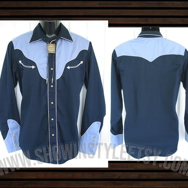 Roper Vintage Western Men's Cowboy Shirt, Navy Blue with Lighter Blue Yokes & Cuffs, Long Sleeves, Tag Size Medium (see meas. photo) 
