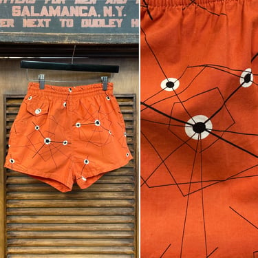 Vintage 1950’s w30 “McGregor” Orange x Black Atomic Spider Web Cotton Rockabilly Swim Trunks, 50’s Swimsuit, Vintage Clothing 