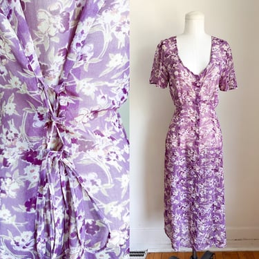 Vintage 1990s Sheer Purple Floral Dress / XS-S 