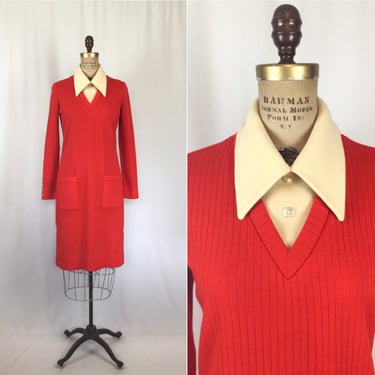 Vintage 60s dress | Vintage red ribbed knit dress | 1960s mod shirt dress 