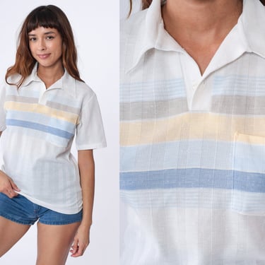 Striped Polo Shirt 70s Shirt White Half Button Up Shirt Baby Blue Polo Shirt Collared 1970s Chest Pocket Nerd Retro Vintage Small Medium 
