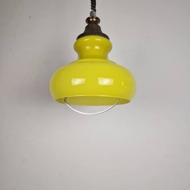 Vintage Yellow Glass Ceiling Light / Mid-century Pendant Lamp / Opaline Glass / Adjustable Height / 1970s Retro Lighting / Antique 